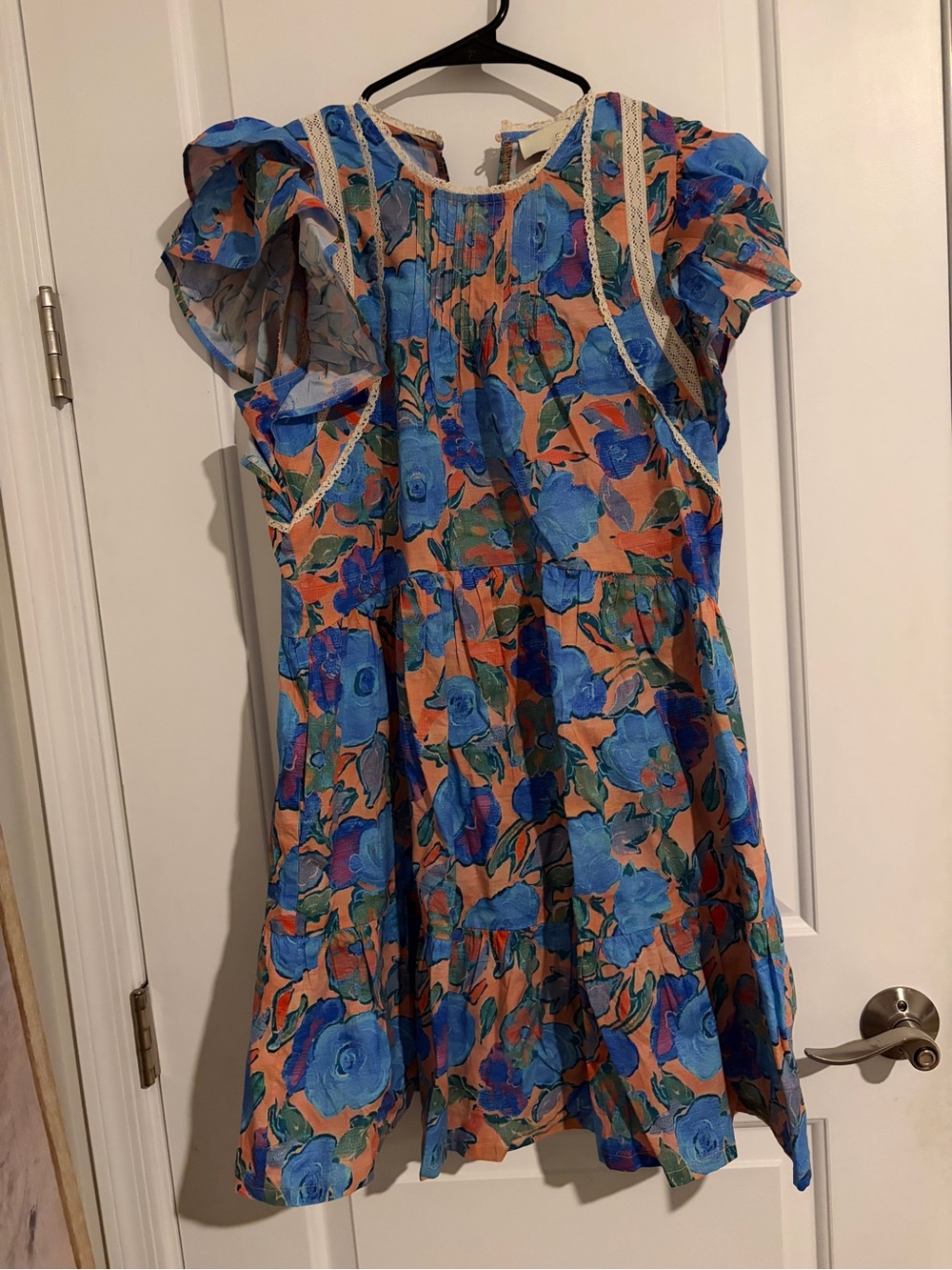 Avara Floral Ruffle Sleeve Dress in Blue and Peach, Medium